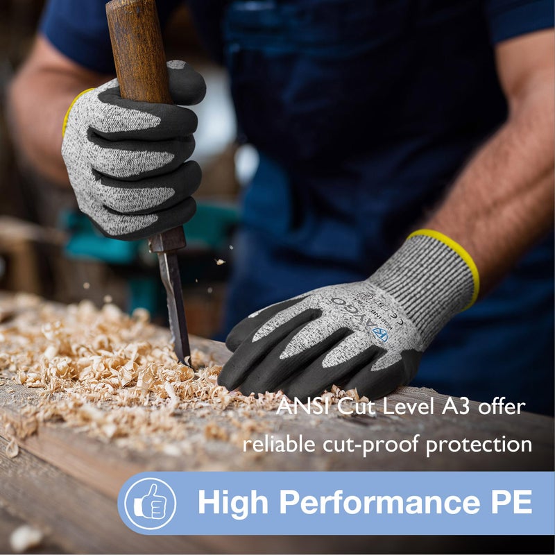 KAYGO 2 Pairs A3 Cut Resistant Gloves for Men and Women, ANSI Cut Level A3 Nitrile Micro-Foam Safety Gloves KG21NB, Durable, Ideal for Wood Carving, Glass Handling, Construction, Fishing, L, Grey - Image 3